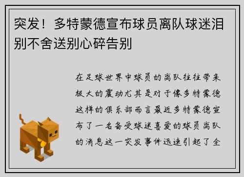 突发！多特蒙德宣布球员离队球迷泪别不舍送别心碎告别
