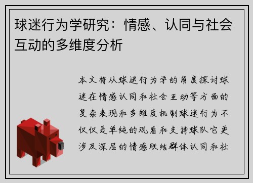 球迷行为学研究：情感、认同与社会互动的多维度分析